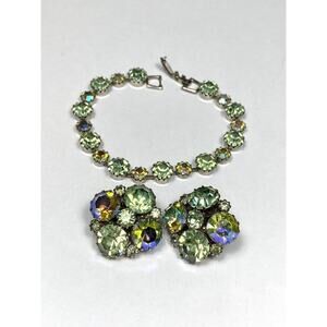 WEISS Bracelet Clip Ons Set Austrian Crystals AB Green Silver Tone